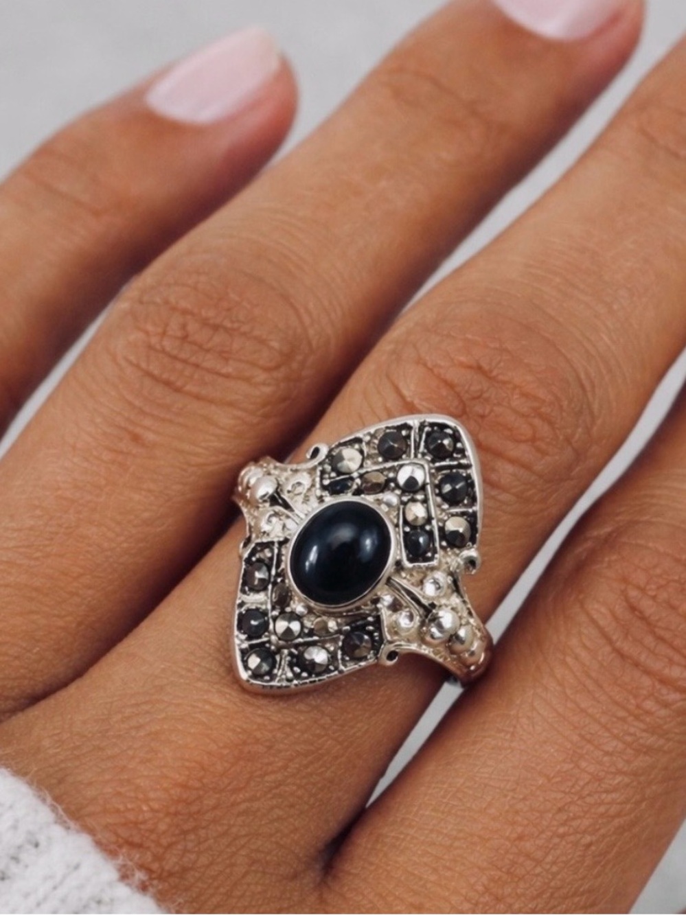 Sterling Silver Antique Edwardian Art Deco 1920s Black Onyx & Marcasite Ring